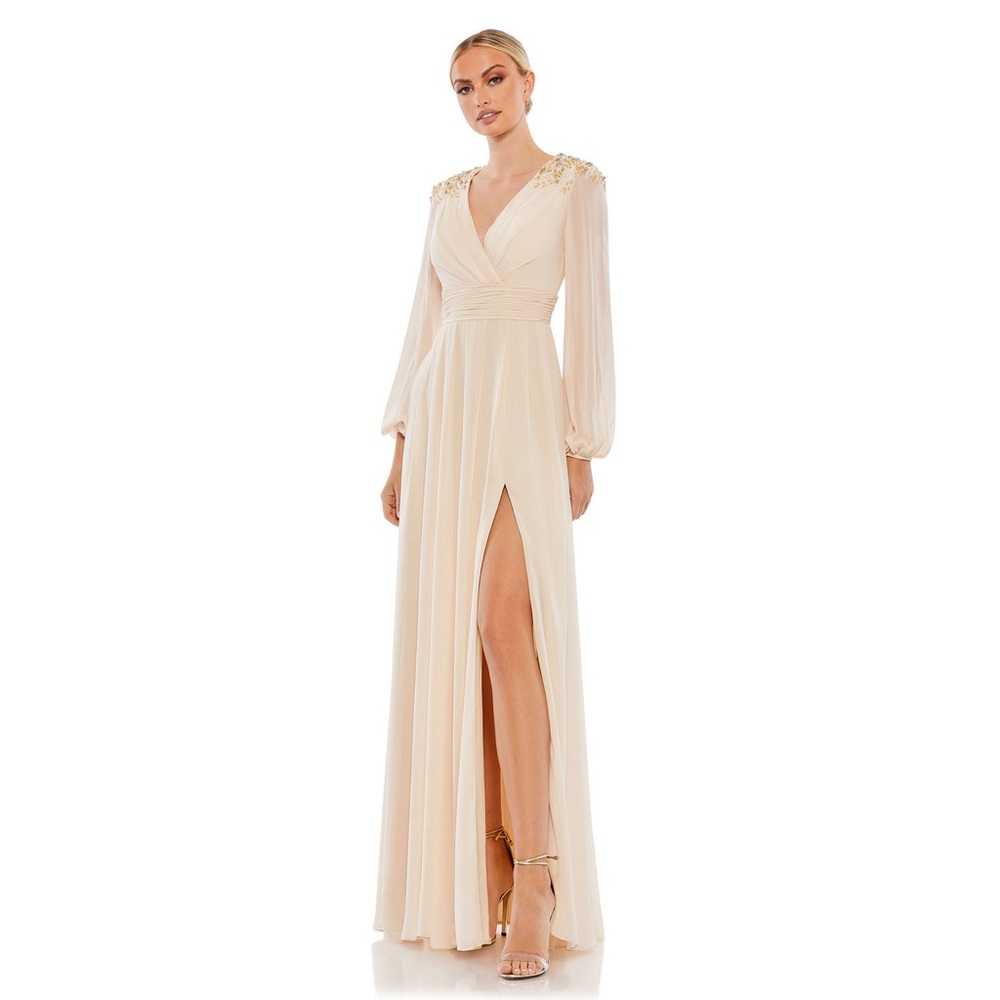 Mac Duggal Nude Embellished Shoulder Blouson Sleeve Evening Gown Formal Dress